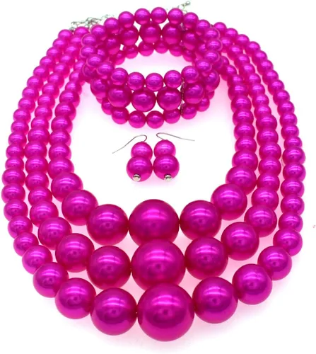 Vista 3 de JNF Juego de collar y aretes de perlas sintéticas, collar de disfraz de perlas gruesas y grandes