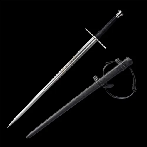 Vista 2 de Espada medieval guerrero real forjado a mano de acero de resorte de 46 pulgadas con vaina negra/marrón, modernización de espada larga, hecha a mano