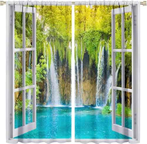 Vista 25 de Cortinas de paisaje, ventana tropical con vista al mar, océano, playa, barco, cortinas con estampado de palmeras para dormitorio, sala de estar, Mar