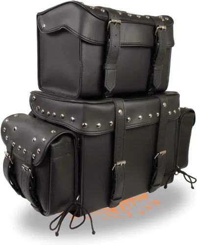 Vista 14 de Maleta impermeable de cuero genuino para motocicleta con funda para pistola en el interior marrón y negro tachuela/sin tachuelas