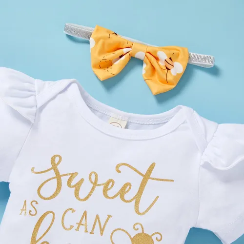 Vista 4 de Conjunto de ropa de abejorro con estampado de letras pantalones de miel y abejas con lazo diadema amarillo 2