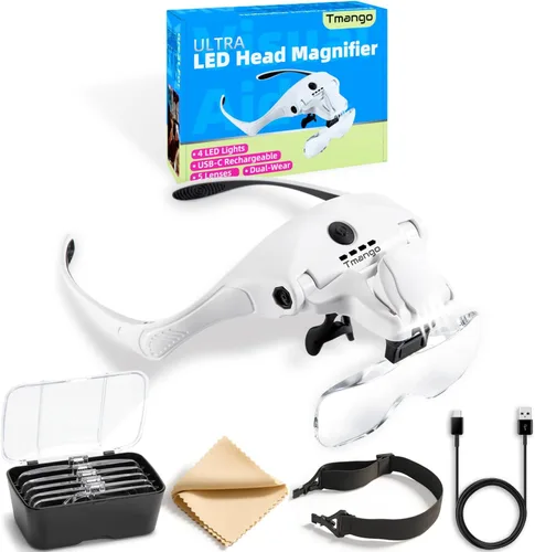 Vista 9 de Lupa de diadema iluminada recargable, herramienta de aumento manos libres para joyas, extensiones de pestañas, reparación de relojes, punto de cruz
