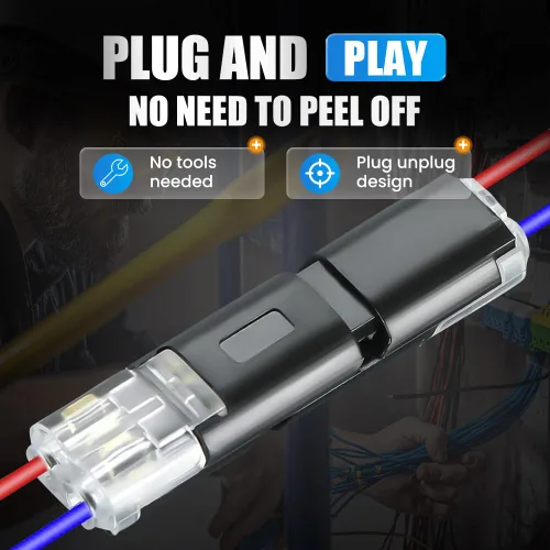 Vista 4 de Conector enchufable de doble cable, conectores de tira de luz LED, 2 pines, nuevo conector de cable de bajo voltaje con hebilla de bloqueo