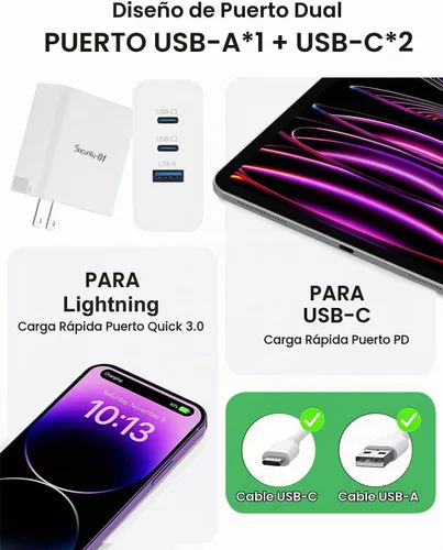 Vista 6 de Bloque de cargador USB C de 65 W, bloque de carga rápida de 3 puertos GaN de 65 W, cargador de pared rápido tipo C, compatible con todas