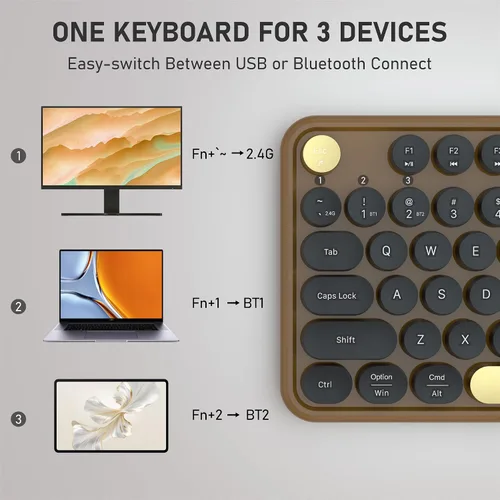 Vista 3 de Teclado Bluetooth inalámbrico colorido (negro-marrón) Conecta hasta 3 dispositivos simultáneamente, teclado Bluetooth de 2.4 GHz y modo dual