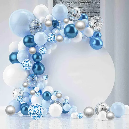 Vista 2 de 60 globos de confeti azul plateado y blanco de 12 pulgadas, globos de color blanco azul claro, globos plateados metálicos, globos de confeti