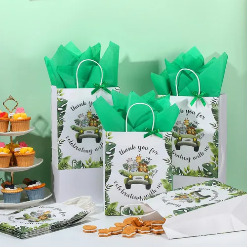 Vista 4 de Seajan Paquete de 24 bolsas de recuerdo de fiesta de animales de safari de selva para baby shower, 10.63 x 8.27 pulgadas, tamaño mediano con asa