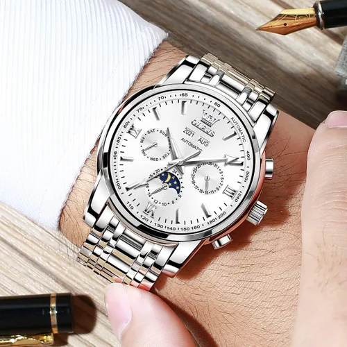 Vista 3 de OLEVS Relojes automáticos para hombre de cuerda automática reloj de pulsera calendario multifunción botón oculto pantalla de sol luna impermeable