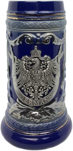 Vista 6 de Essence of Europe Gifts OktoberfestHaus - Vaso de cerveza de cerámica con emblema de metal Bier Krug de 0,6 litros (águila) alemán (águila)