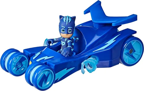 Vista 2 de PJ Masks Catboy vehículo de lujo para preescolar, juguete Cat-Car con tiras de súper gato giratorias y figura de acción Catboy para niños a partir