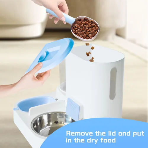 Vista 6 de Juego de dispensador automático de alimentos y agua para gatos, 2 en 1, comedero de gravedad todo en uno con tazón de comida para gatos de acero