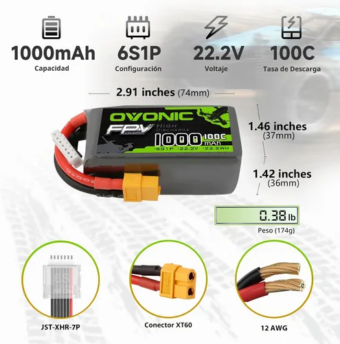 Vista 2 de OVONIC Batería LiPo de 1000mAh 6S 100C con enchufe XT60 para FPV Racing RC Quadcopter Helicóptero Avión Multimotor Hobby DIY-2Packs