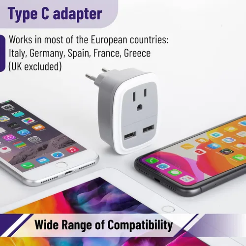 Vista 5 de Adaptador de viaje europeo Bates con USB - Adaptador de enchufe de EE. UU. a Europa para viajes