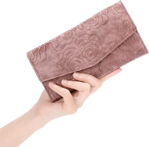 Vista 2 de GOIACII Cartera de mujer con bloqueo RFID para tarjetas de crédito, monedero con cremallera y bolsillo para monedas, flor en relieve, color rosa