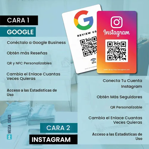 Vista 4 de MESSAGENES Tarjeta de PVC Revítanos en Google QR Code y NFC + Instagram Tarjeta de visita NFC Google Reviews + Instagram Código QR