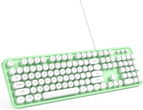 Vista 14 de Teclado de computadora con cable MOWUX, teclado retro redondo con cable USB de plug and play, teclado con cable de tamaño completo con soportes