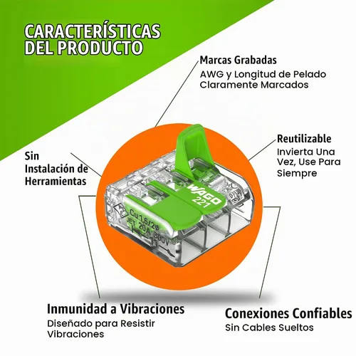 Vista 3 de WAGO 221 Series Green Range 36 conectores de cable de empalme compactos, incluye (16 tuercas de palanca 221-422) (12 x 221-423) (8 x 221-425)