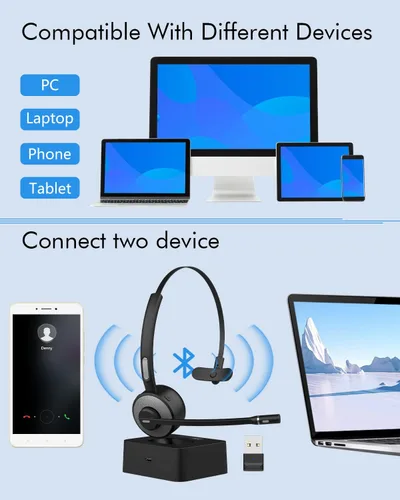 Vista 2 de HUAKUA Auriculares Bluetooth con micrófono, auriculares de camionero de una sola oreja con cancelación de ruido, auriculares inalámbricos