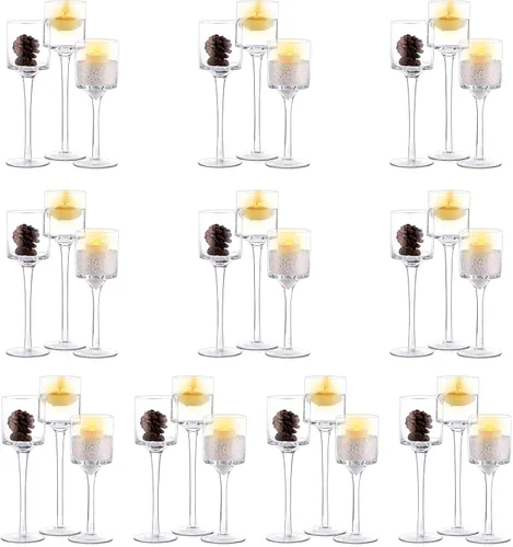 Vista 10 de NUPTIO Portavelas de cristal Tealight: juego de 3 candelabros de tallo largo para centro de mesa de cena, velas flotantes Monet Clear Glass Cups