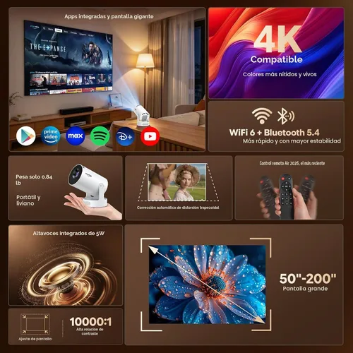 Vista 2 de Mini proyector con WiFi y Bluetooth, aplicaciones integradas, Keystone automático, rotación de 180°, soporte de 1080P/4K, proyector portátil Blanco