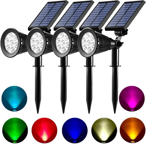 Vista 7 de Luces solares de color para exteriores, impermeables, 7 LED que cambian de color, focos solares para patio, jardín, patio, césped, 2 fotos