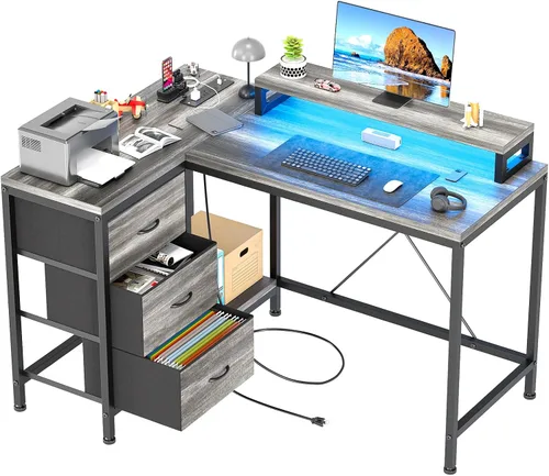 Vista 8 de Patikuin Escritorio en forma de L con tomas de corriente y luces LED, escritorio de computadora con cajones y estantes, escritorio de esquina