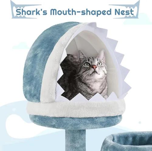 Vista 4 de Yaheetech Árbol para gatos con temática oceánica de 61 pulgadas de alto, torre para gatos de varios niveles con nido en forma de boca de tiburón