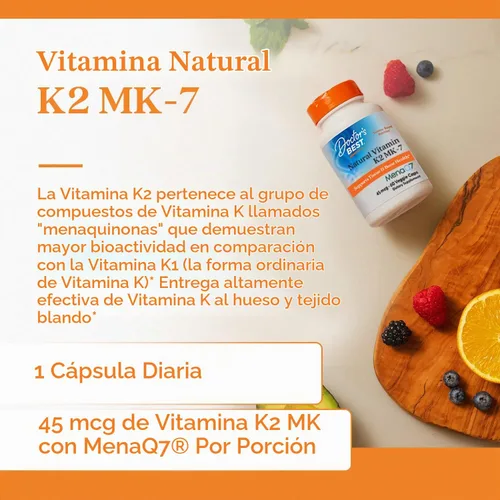 Vista 4 de Doctor's Best Vitamina natural K2 MK-7 con MenaQ7 blanco sin sabor, 60