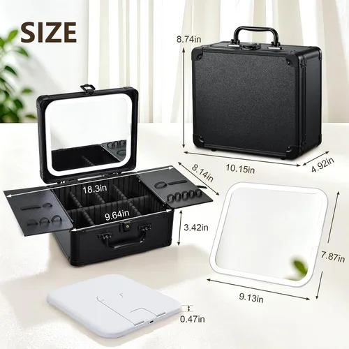 Vista 7 de Faquenc Estuche de maquillaje con espejo iluminado magnético, caja organizadora de maquillaje, estuche de cosméticos de viaje con espejo LED de 3