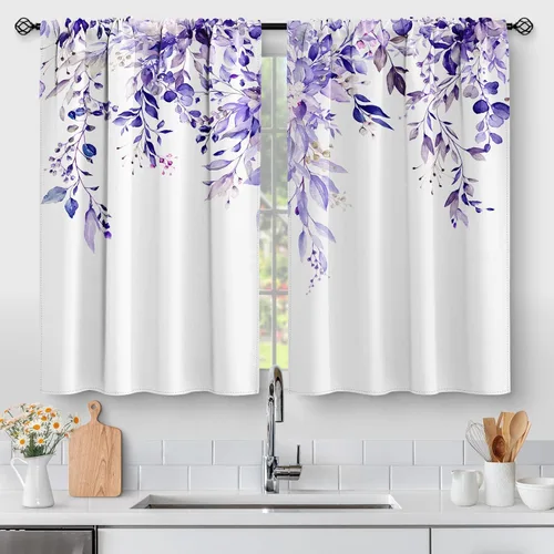 Vista 22 de Aimego Cortinas de Cocina de Eucalipto Primaveral - Hojas de Plantas de Acuarela Floral Azul con Cortinas de Nivel Botánico Floral para Cafetería