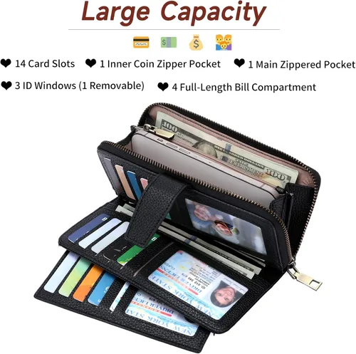 Vista 2 de GOIACII Cartera para mujer de gran capacidad con bloqueo RFID para mujer, tarjetero de embrague para teléfono, cartera larga de viaje, A03 negro