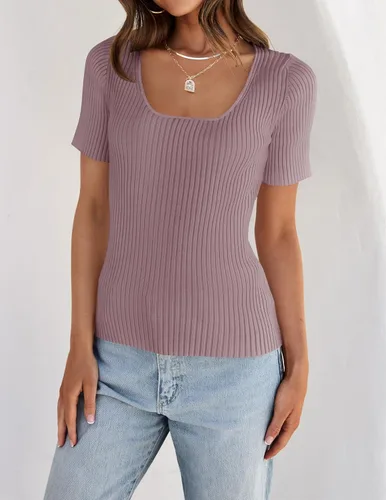 Vista 3 de ZESICA Women's 2024 Short Sleeve Square Neck T Shirts Slim Fitted Summer Ribbed Knit Basic Casual Tee Tops
