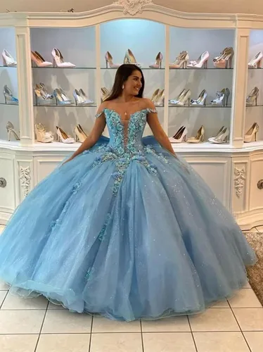 Vista 2 de Mauuwy Vestidos de quinceañera de tul de lujo, vestido de baile hinchado brillante dulce 16 vestidos florales fuera del hombro vestido de graduación
