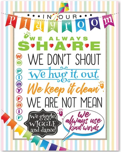 Vista 9 de In Our Playroom Rules Wall Art 11x14 Framed Poster Ready to Hang Kids Behavior Chart Nursery Decor Classroom Rules Poster Sharing Kind Words Hug It