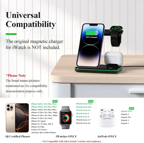 Vista 2 de Minthouz Cargador inalámbrico para teléfono, estación de carga rápida de 18 W para iWatch (el cargador de reloj no está incluido), AirPods, soporte