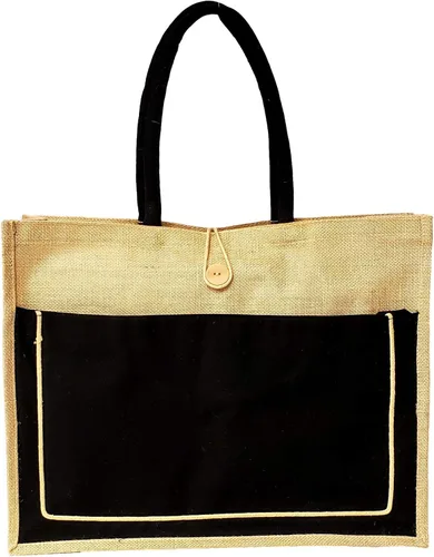 Vista 2 de SONA G DESIGNS Yute de estilo vintage con bolsillo de algodón negro reutilizable bolsa de compras grande