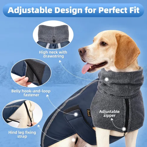 Vista 2 de SlowTon - Abrigo de invierno para perro, cálida chaqueta para perritos para exteriores con forro polar y bufanda de cuello de tortuga, chaleco