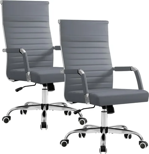 Vista 22 de Furmax Silla de escritorio de oficina acanalada con respaldo medio, silla ejecutiva de piel sintética, silla giratoria ajustable con brazos