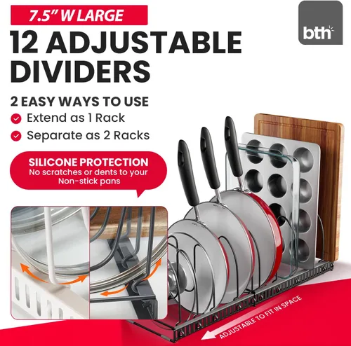 Vista 2 de BetterThingsHome - Soporte organizador de sartenes: se puede extender a 22.25 pulgadas, total 7 compartimentos ajustables. Gris Oscuro