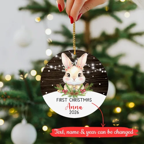 Vista 2 de Adorno de conejito de bebé, adorno personalizado con nombre y año para recién nacido 2026, decoración de conejo de Navidad personalizada, regalo