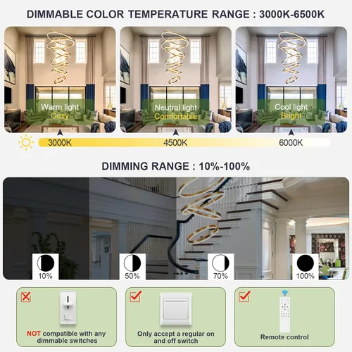 Vista 71 de Benkut Lámpara de Araña de Anillo LED Moderna Negra para Comedor, Lámpara de Araña de Techo Circular Empotrada Regulable con Control Remoto