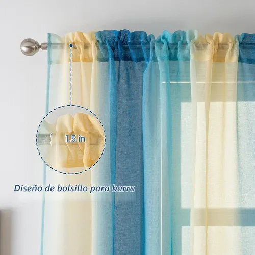 Vista 3 de Cortinas Yancorp traslúcidas de 2 paneles para dormitorio de 63 pulgadas de largo, cortinas de lino azulbeige ombre con bolsillo para barra