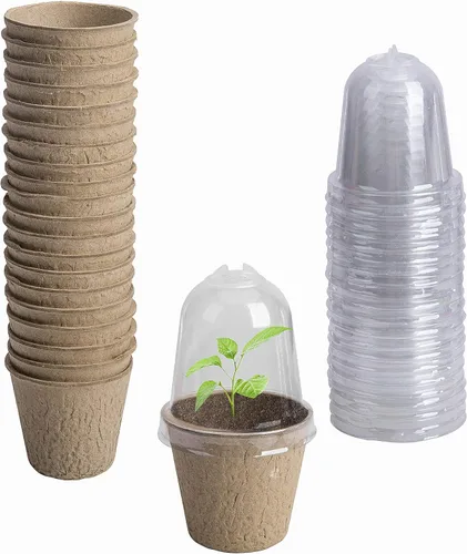 Vista 9 de EBaokuup 40 macetas biodegradables para siembra, macetas de vivero de plantas de 3.1 pulgadas con cúpula de humedad, macetas de turba para plantas