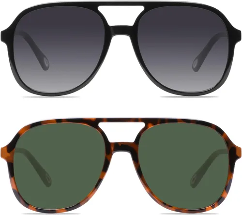 Vista 9 de YDAOWKN Retro Aviator Sunglasses for Womens Mens 70s Double Bridge Sunnies 2 Tintes Negro/Gris+Negro/Amarillo