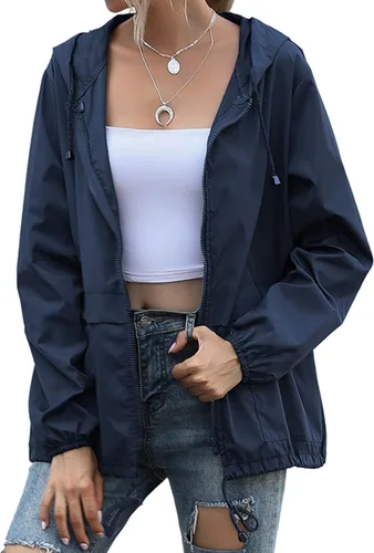 Vista 2 de Impermeable para mujer, ligera, rompevientos con capucha y bolsillos para exteriores