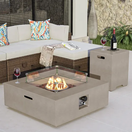 Vista 21 de COSIEST mesa de fogata a propano para exteriores de 35 pulgadas cuadrada de arenisca con protector contra el viento y mesa lateral, certificada