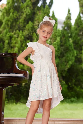 Vista 8 de GRACE KARIN Vestido de lentejuelas de un hombro para niñas, vestido de fiesta alto y bajo para 5-14 años