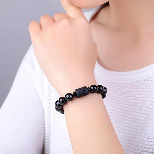 Vista 3 de SX Commerce Pulsera de cuentas de piedra de obsidiana natural para parejas, hombres y mujeres, 0.315in, joyería de tótem de dragón y fénix