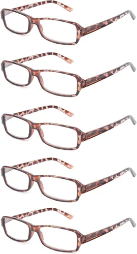 Vista 6 de Paquete de 5 lentes de lectura clásicos de plástico rectangular unisex para hombres y mujeres, negro, azul, gris y tortuga