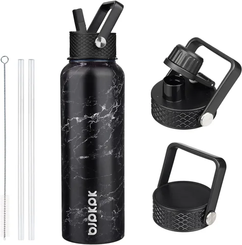 Vista 55 de BJPKPK Botellas de Agua Aisladas con Tapa de Pajita, Botella de Agua de Acero Inoxidable de 18oz, Termo Frío Caliente con 3 Tapas, Vaso de Viaje a